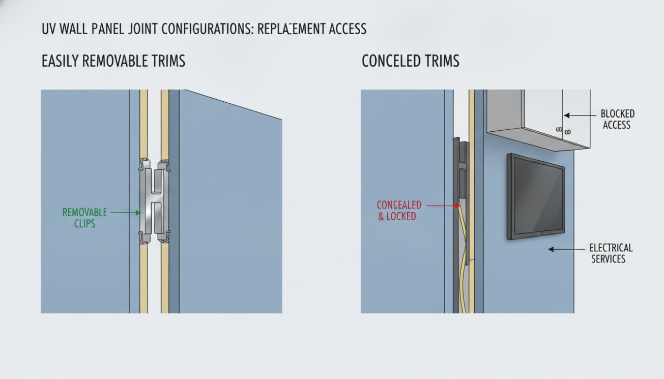 Diagram comparing removable and concealed trim systems for UV marble wall panels and showing how joint design affects future replacement access.